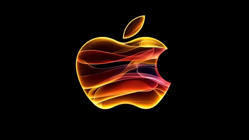 Glowing apple-shaped logo with layered light ribbons on black.
