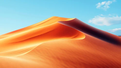 Sunlit desert dunes curve beneath a brilliant blue sky.