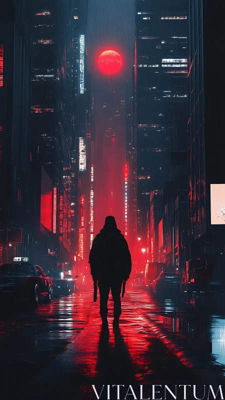 Lone figure in red lit rainy cyberpunk city street at night.