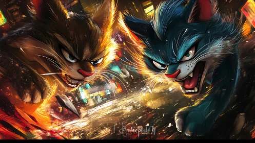 Dueling Anthomorphic Felines with Luminescent Energy Manifestations.