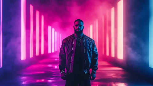 Neon corridor icon in electric magenta and cyan haze.