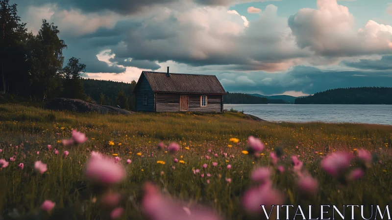 Lakeside wooden cabin amid wildflower meadow at dusk.