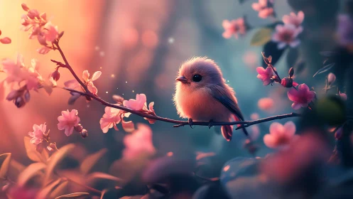 Small songbird glows softly on flowering branch at dusk