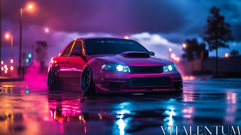 Neon street racer glows against a moody, rain-soaked night