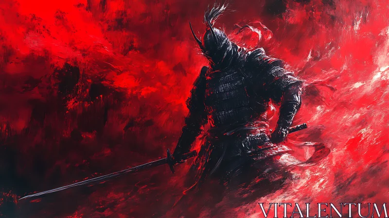 Armored swordsman silhouette cuts through turbulent red vortex