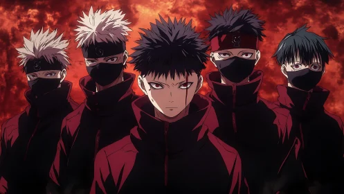 Masked anime squad framed against dark red storm sky.