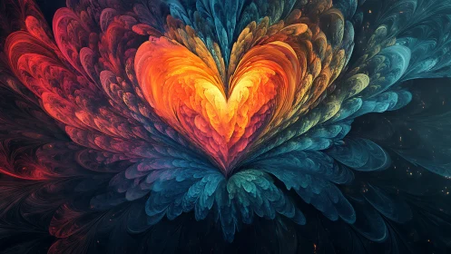 Fractal heart plume with fiery center and teal wings.