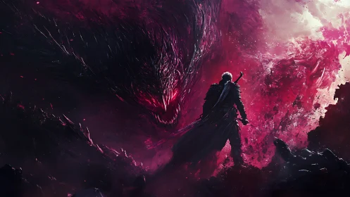 Solitary swordsman confronts colossal void-born demon in crimson storm