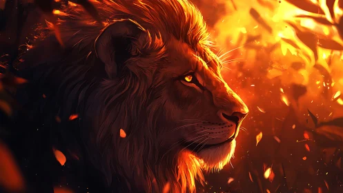Lion profile rendered in warm orange and red dramatic lighting