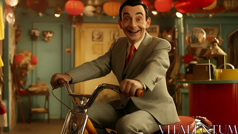 Grinning suit-clad rider cruises a nostalgic toy shopscape.