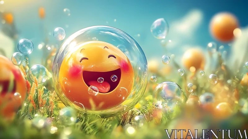 Joyful emoji sphere in glowing bubble meadow dreamscape.