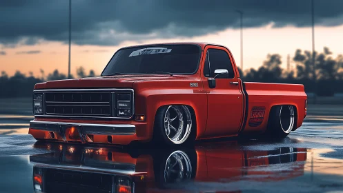 Lowered red pickup truck on wet asphalt at dusk lighting.