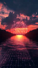 Neon sunset computes itself into a glittering pixelated sea