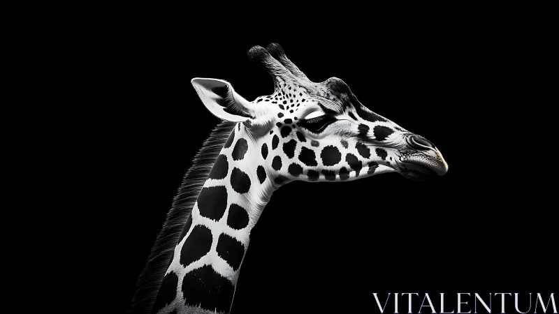 Monochrome side profile study of giraffe against pure black field