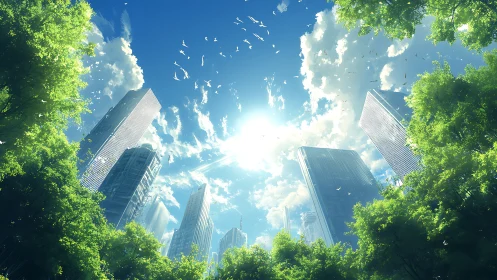 Verdant urban canyon under high-rise glass towers at noon