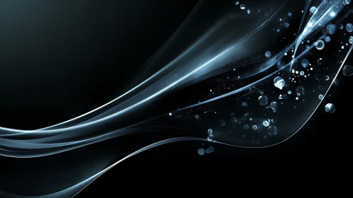 Curved luminous waveforms intersect with suspended glass-like particles