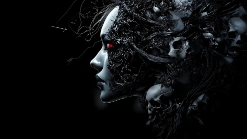 Cybernetic wraith profile fused with tangled metallic skulls.