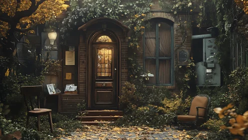 Golden leaves welcome visitors to a quiet ivy-covered doorway