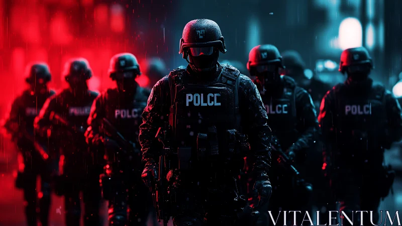 Heavily armed police squad advancing in rainy city night.