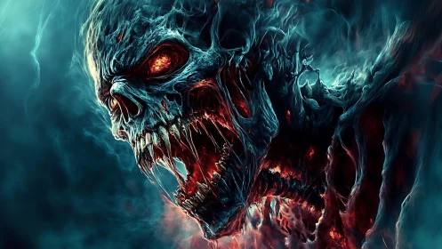 Infernal skeletal demon erupts from swirling spectral flames.