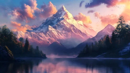 Alpenglow illuminated snow peak above reflective mountain lake