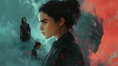 Warrior heroine confronts looming spectral demon presence