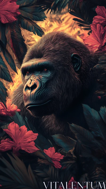Majestic gorilla rests amid luminous jungle blooms.