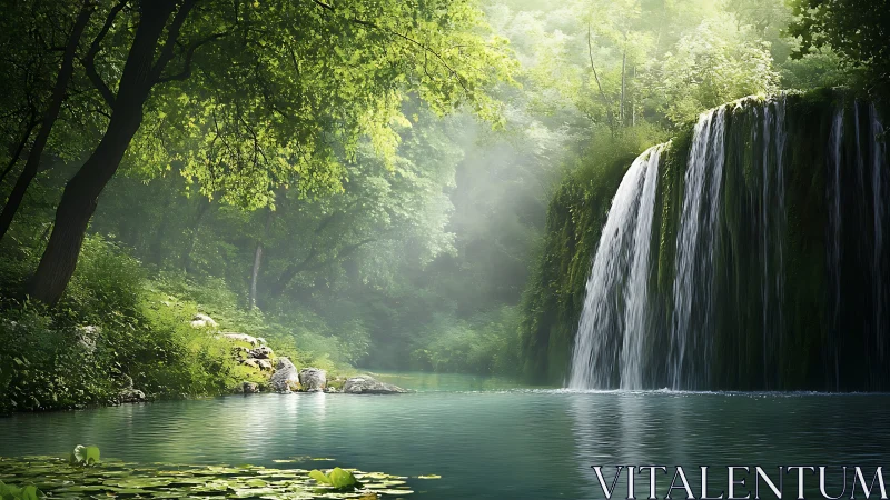 Emerald forest waterfall pours into misty turquoise pool.