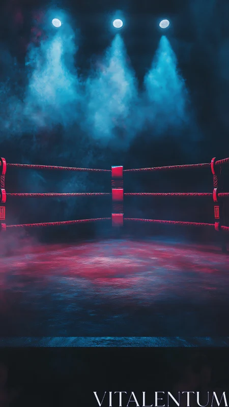 Empty boxing ring under blue stage lights.