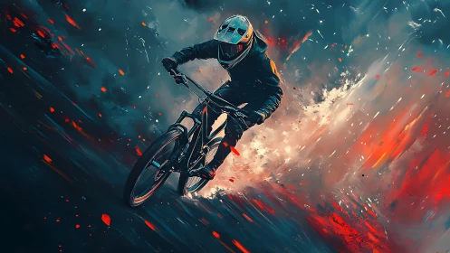 Cyclist executing performance maneuver with dynamic particle effect