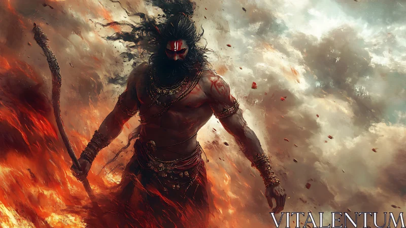 Digital painting of mythic warrior emerging through firestorm.