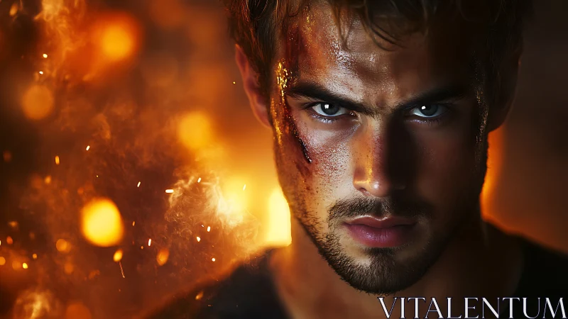 Battle-worn man framed by embers and intense firelight.