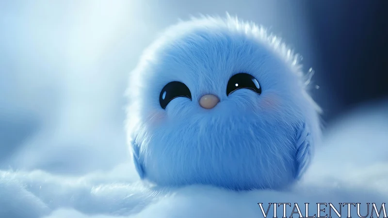 Snow-cloud puffball bird smiles in a dreamy blue glow.