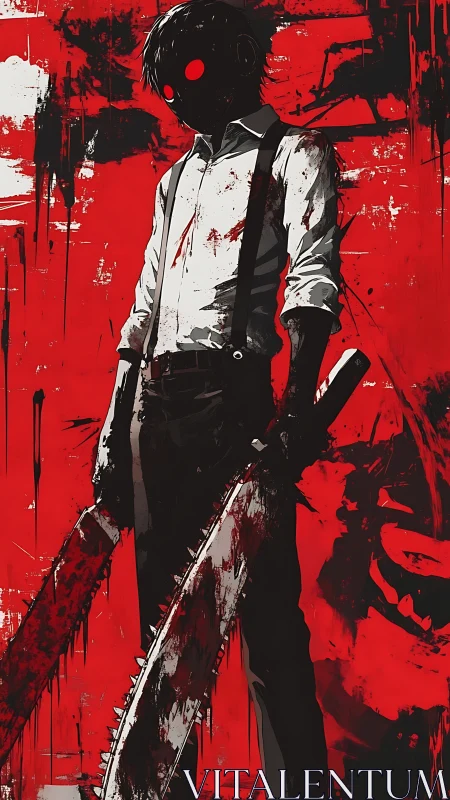 Masked figure with bloody chainsaw in red abstract scene.