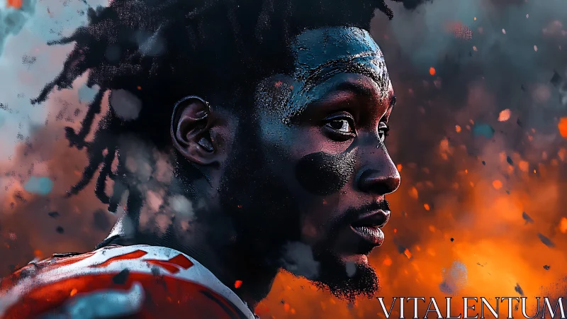 Intense football player portrait against blazing abstract backdrop
