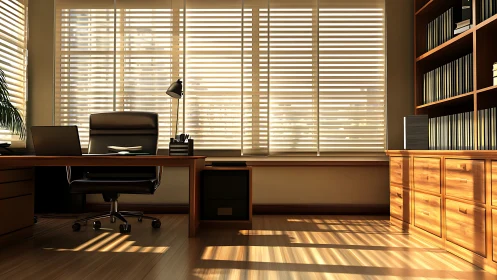 Sunlit executive office interior with wooden desk and shelving