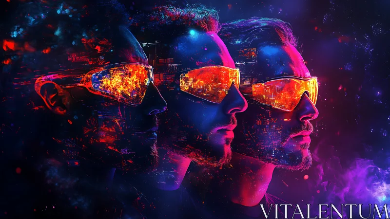 Three male silhouettes in neon cyberpunk visor profiles.