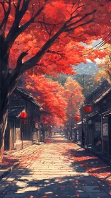Old village street under vivid red autumn canopy.