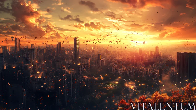 Sunlit metropolis skyline with drifting autumn foliage at dusk.