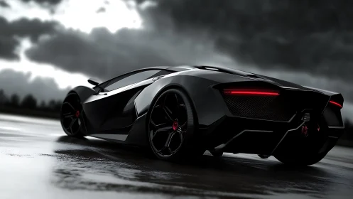 Sleek black supercar waiting to sprint across wet city streets.