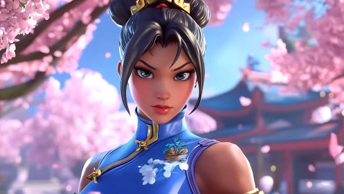 Cherry blossoms frame a resolute warrior in vivid spring light