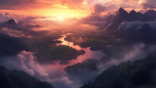 Sunlit river valley with misted jungle mountains at dawn.