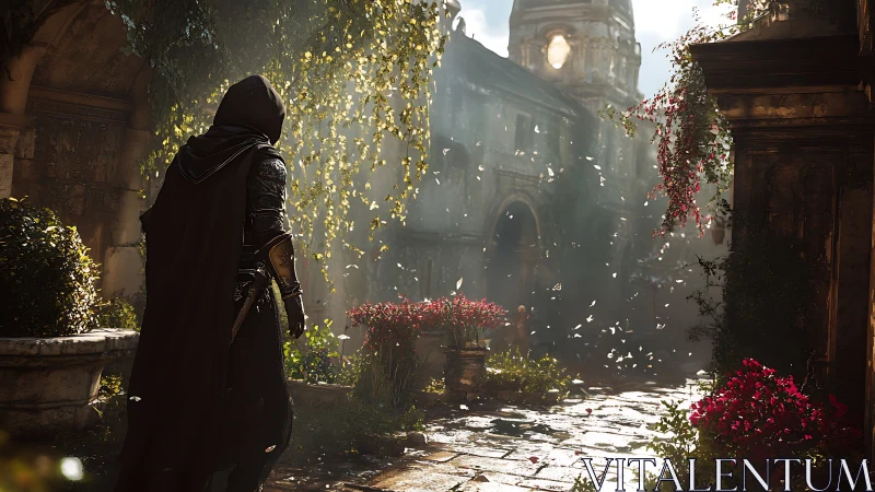 Hooded armored figure walks through sunlit overgrown courtyard