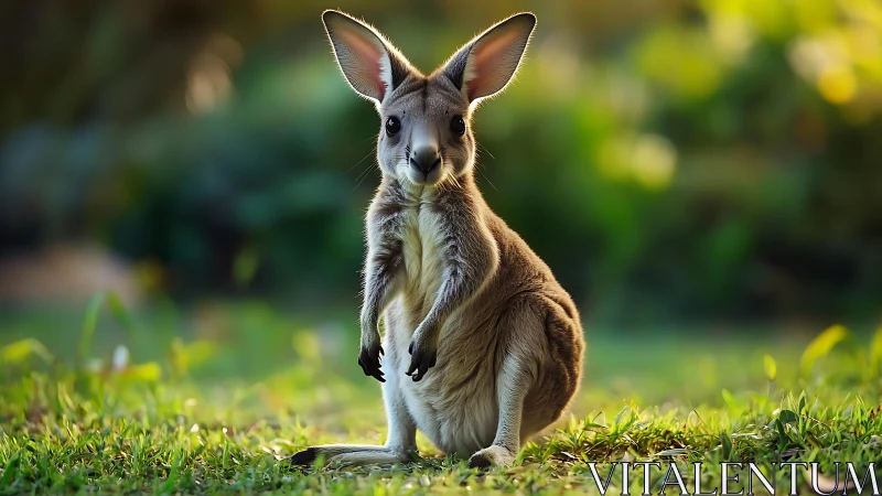 Young kangaroo in soft sunset grassland portrait.
