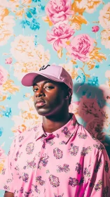 Man in pink floral shirt against bold flowered wall.