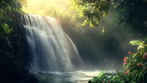 Sunlit jungle cascade whispering over emerald shadows.