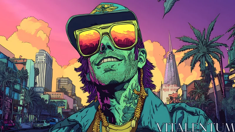 Neon-tinted street rebel in tropical cybercity sunset skyline.