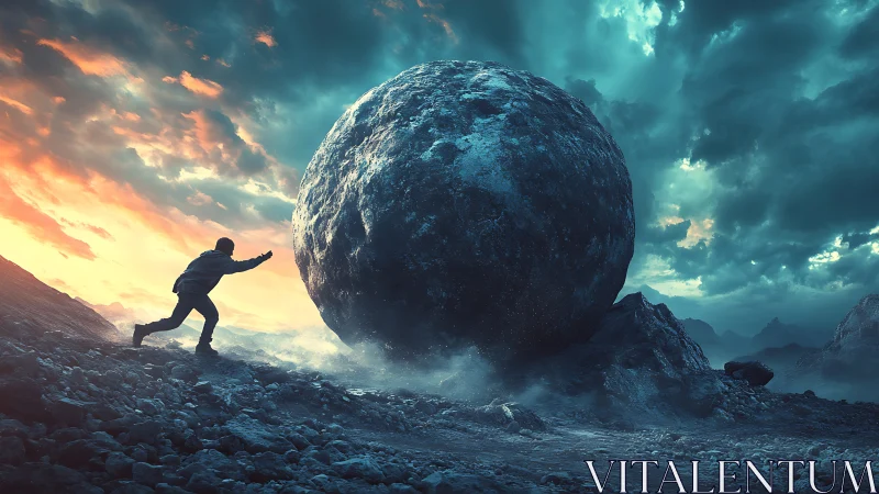 Solitary figure pushes colossal boulder under stormlit sky