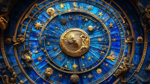 Radial celestial zodiac dial with gilt astrological reliefs.