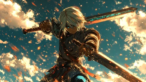 White haired warrior with twin swords in burning sky